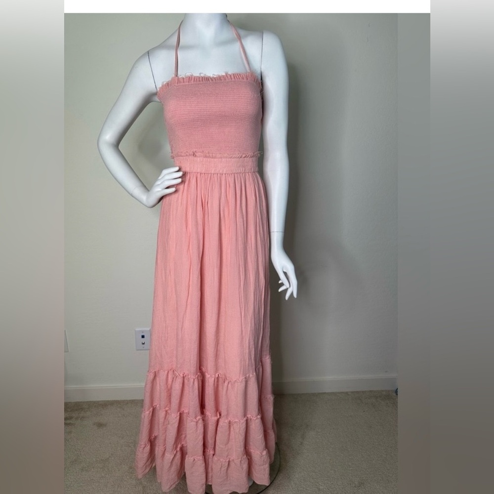 LILLY’S KLOSET PINK TIERED BACK CUT OUT HALTER MAXI DRESS SZ S